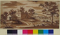 Landscape with Buildings and a Town in the Distance (recto); Study of a Building (verso), Jacques Callot (French, Nancy 1592–1635 Nancy), Brush and brown wash over black chalk (recto); pen and brown ink (verso)